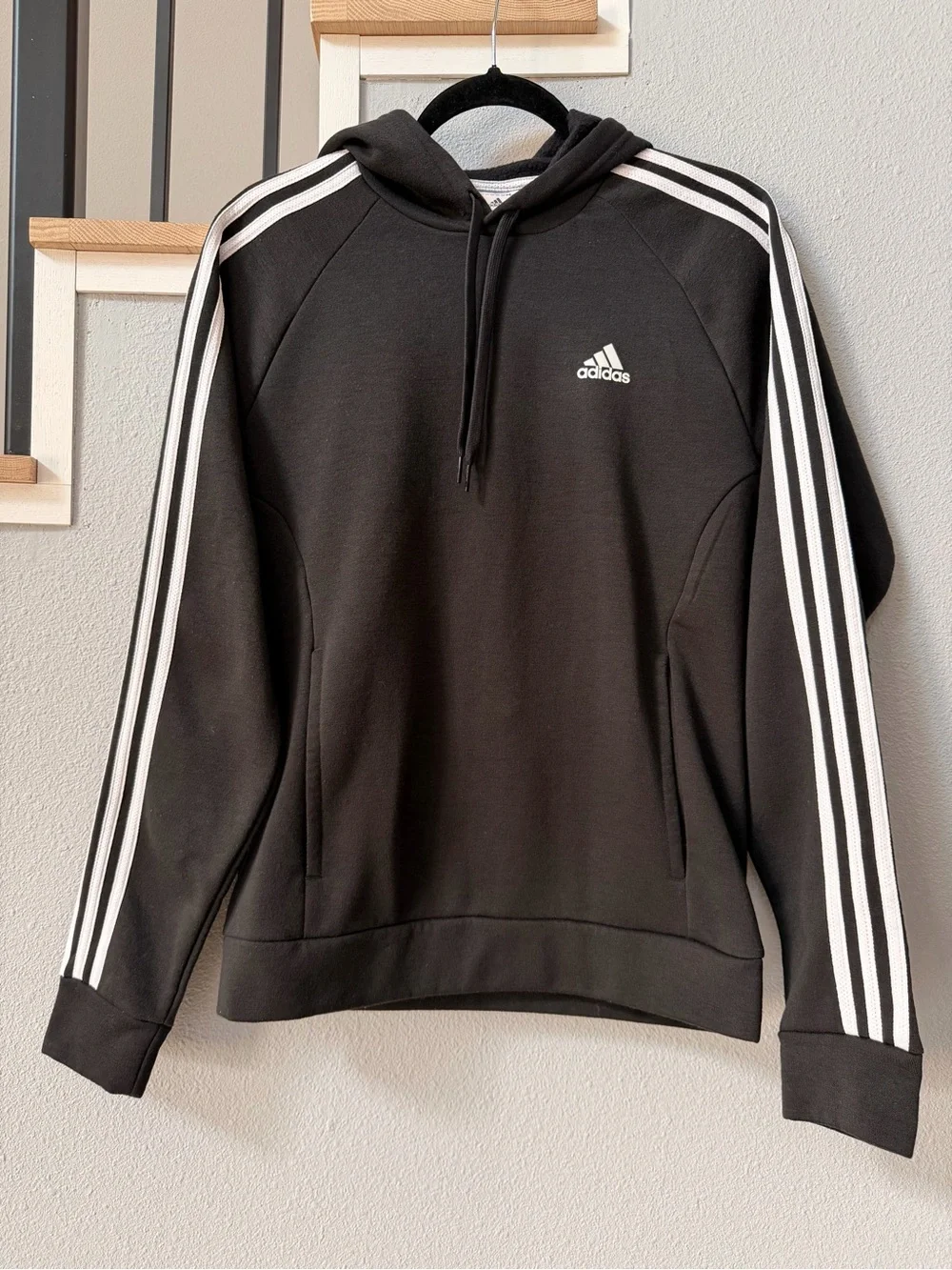 adidas Essentials 3-Stripes Fleece Hoodie Black White Size Small
